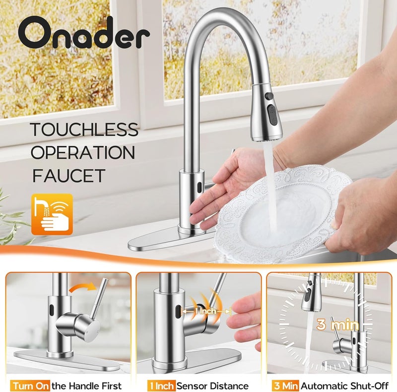 Onader Touchless Kitchen Faucet with Soap Dispenser, Brushed Nickel Stainless Steel Sink Faucet with Pull Down Sprayer for Kitchen Farmhouse RV - Image 3