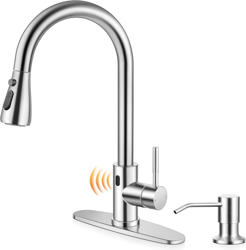 Onader Touchless Kitchen Faucet with Soap Dispenser, Brushed Nickel Stainless Steel Sink Faucet with Pull Down Sprayer for Kitchen Farmhouse RV - Image 1