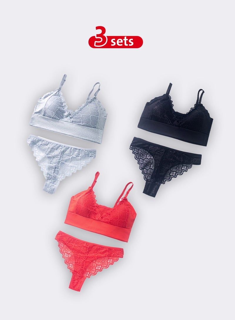 Set of 3 Lace-Detail Bikini Sets in Red, Black, and Silver - Image 1