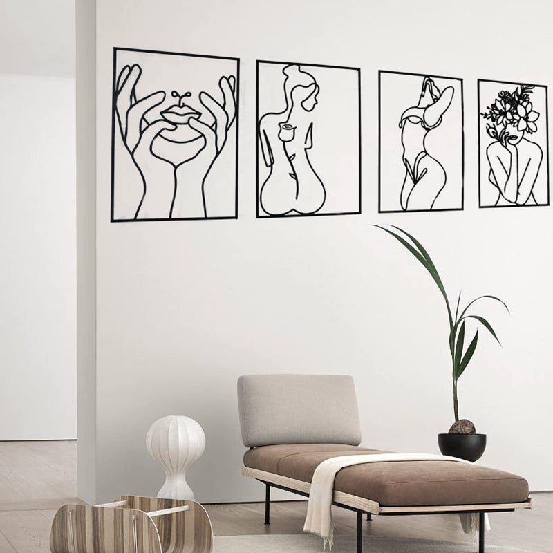 Glamativity 4 Pack Black Wall Art DÃ©cor, Minimalist DÃ©cor Single Line Art Wall DÃ©cor, Real Metal Wall Art, Woman's Body Shape Abstract Wall Art, for Kitchen Bedroom Living Room - Image 2