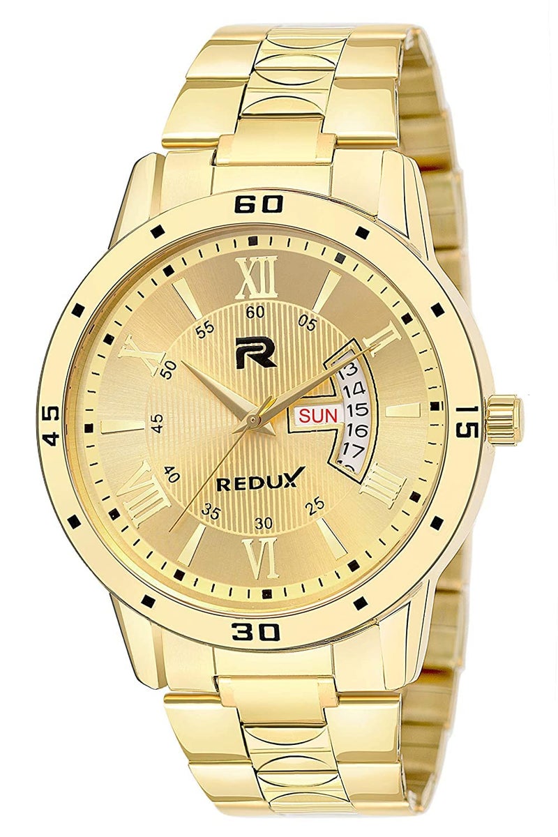 REDUX Analogue Golden Dial Men's Watch with Day-Date Display, Stainless Steel Gold Plated Band - Image 1