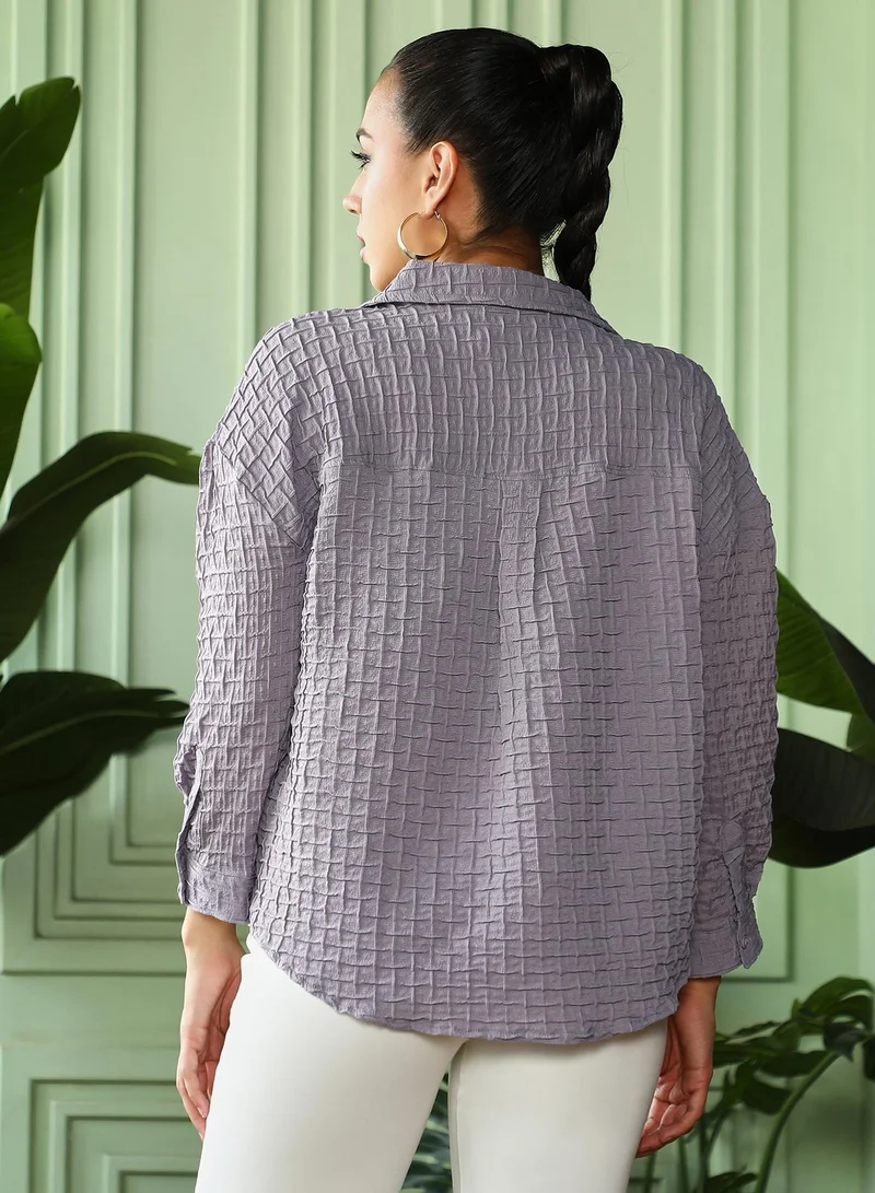 Pinacolada  Women's Pewter Grey Interweave-Tactile Oversized Shirt | نساء | أكمام طويلة | سادة | طوق منتشر | كاجوال كبير الحجم | قميص for Women | Best Price UAE
