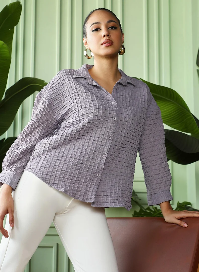 Women's Pewter Grey Interweave-Tactile Oversized Shirt | نساء | أكمام طويلة | سادة | طوق منتشر | كاجوال كبير الحجم | قميص