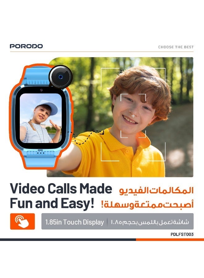 porodo Smart Watch for Kids with 1.85" Display, SOS Calling Feature, Video Calling, GPS (Accuracy: 10-30M), Nano Sim, 4G - Blue - Image 2