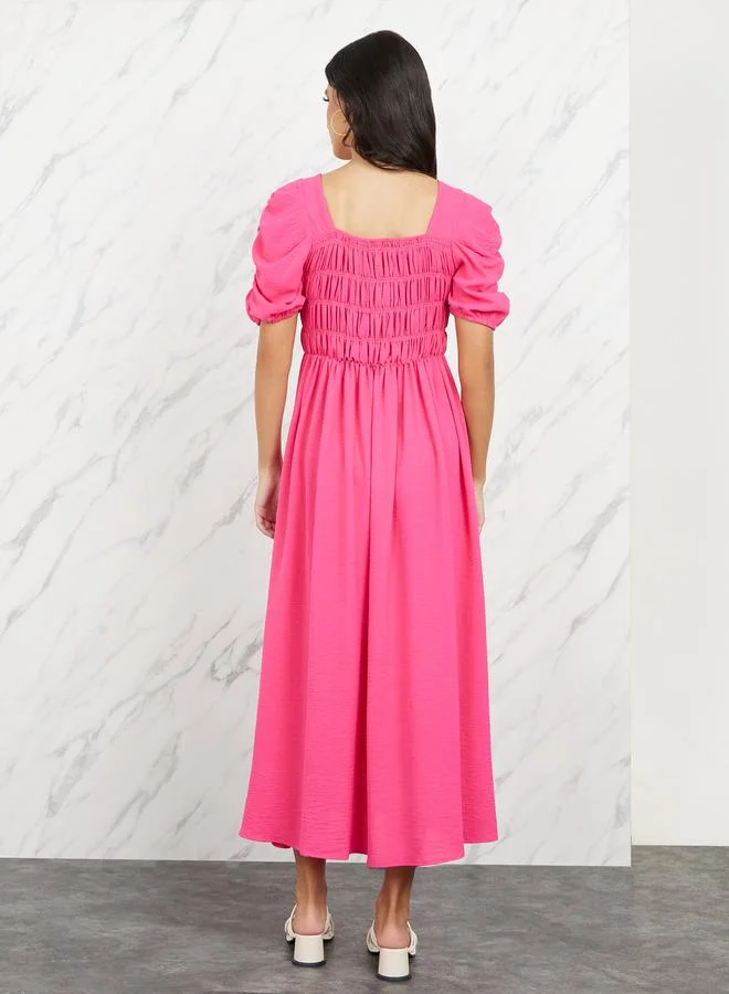 تايك تو Crepe Shirred Detail Puff Sleeves A-Line Maxi Dress