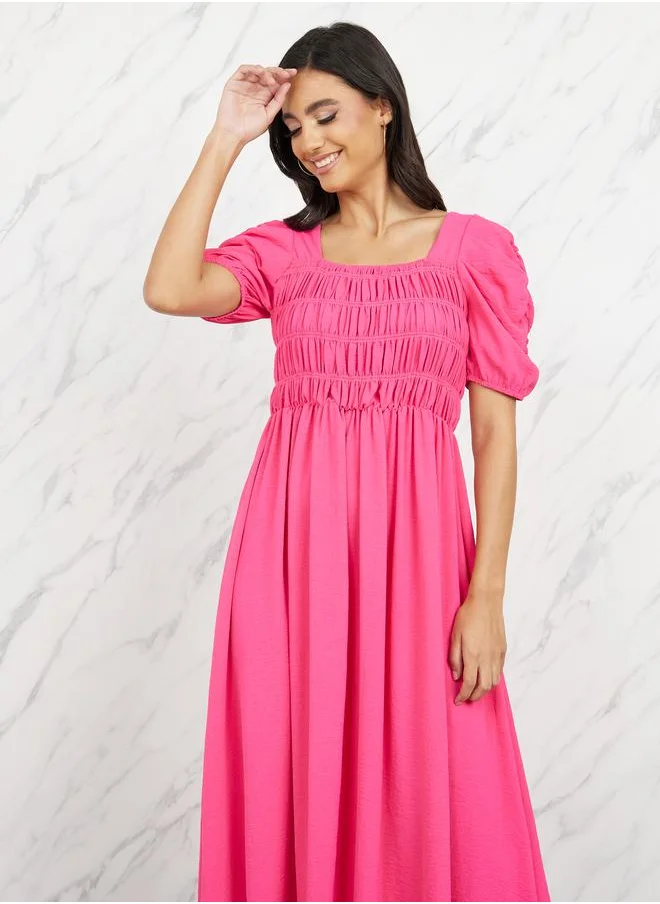 Styli Crepe Shirred Detail Puff Sleeves A-Line Maxi Dress