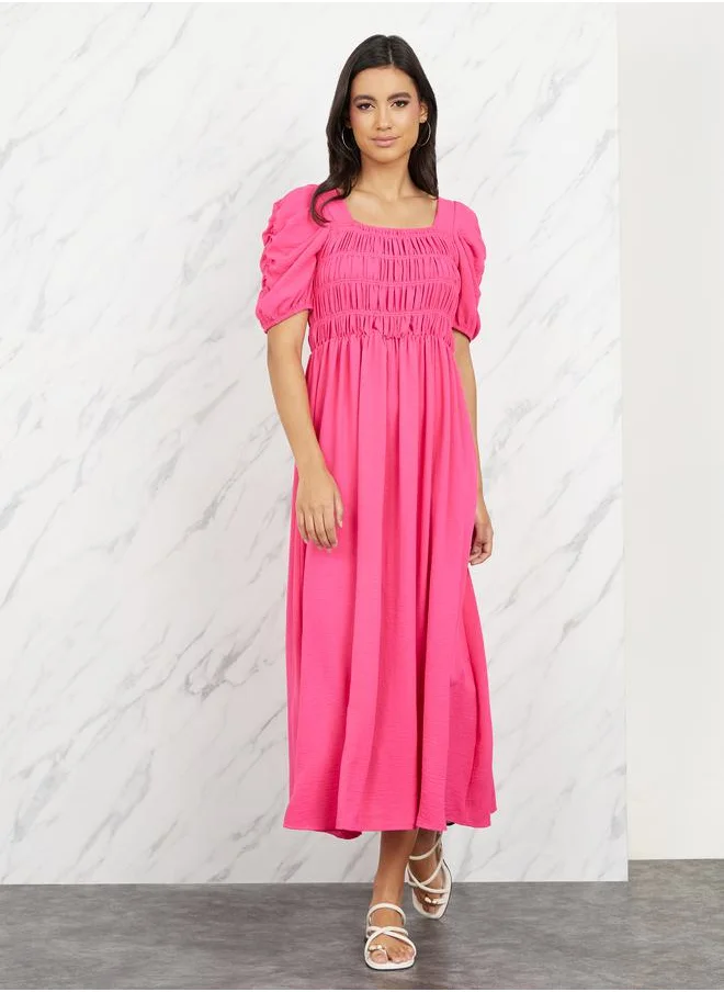 Styli Crepe Shirred Detail Puff Sleeves A-Line Maxi Dress