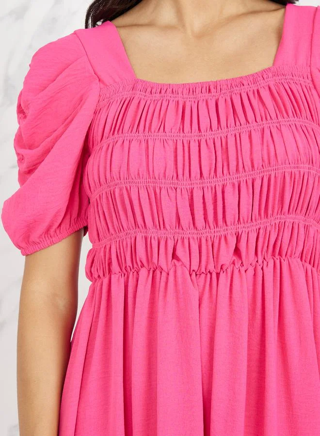 تايك تو Crepe Shirred Detail Puff Sleeves A-Line Maxi Dress