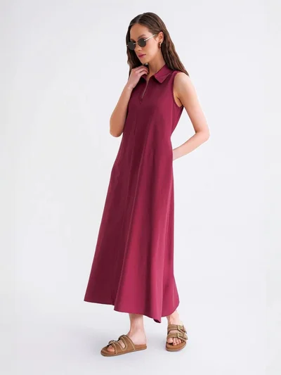 MixRay Mixray Zip-Front Shirt Collar Midi Dress