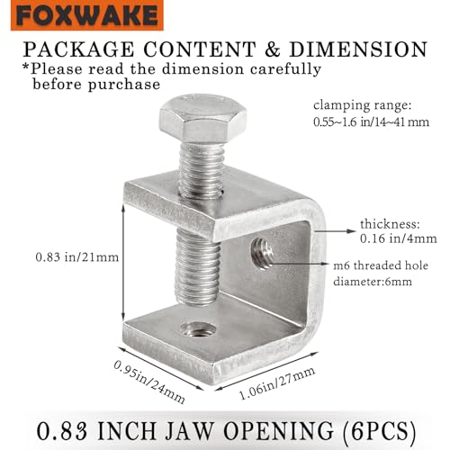 Foxwake Mini C Clamps Stainless Steel 0.83 Inch for Working, Heavy Duty Small U Clamps for Metal Mounting, Universal Desk Clamp with Stable Wide Jaw Opening/I-Beam Design (6pcs) - Image 2