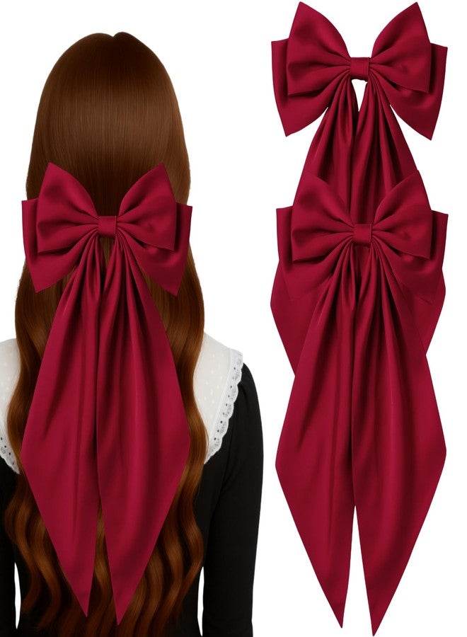 ANNACREATIONS ANNA CREATIONS 2 Pcs Large Satin Bow Hair Barrette Clips for Women & Girls - Strong Hold, Elegant Long Tail Hair Accessories for Parties, Weddings Wear & Gifting (Red) - Image 1