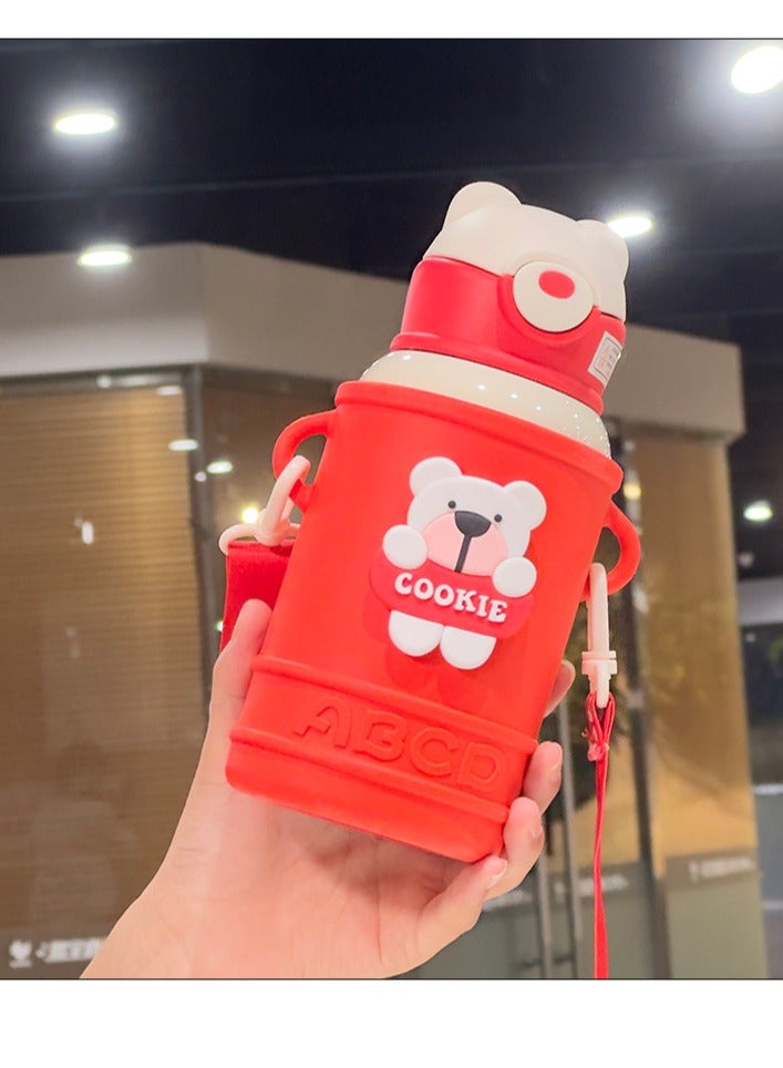 زد Cartoon thermos cup Children's kettle baby cute water cup with straw 500ml red 
