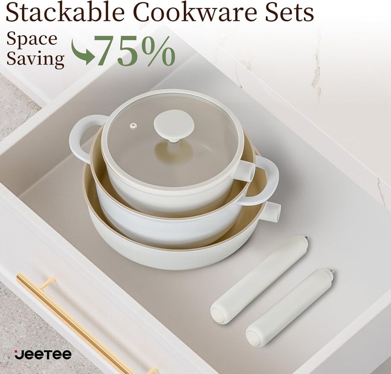 JEETEE Ceramic Cookware Set, 13 Pcs Pots and Pans Set Nonstick with Rotation Removable Handles, Healthy Non-Toxic Cooking Set for All Stoves, Stackable Pots Pans, Oven Safe, PFOA/PFOS Free, Cream - Image 5