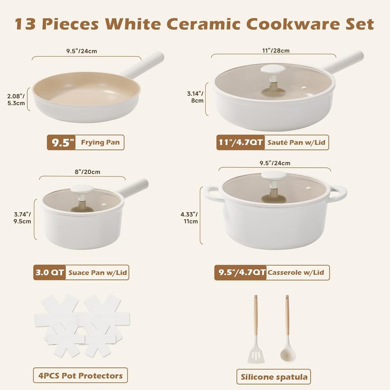JEETEE Ceramic Cookware Set, 13 Pcs Pots and Pans Set Nonstick with Rotation Removable Handles, Healthy Non-Toxic Cooking Set for All Stoves, Stackable Pots Pans, Oven Safe, PFOA/PFOS Free, Cream - Image 2
