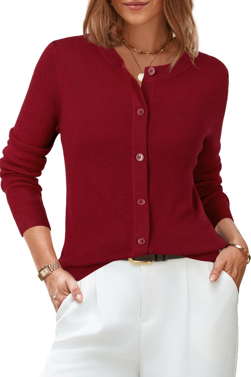 Arach&Cloz Womens Cardigan Sweaters 2026 Soft Layering Essential Wool Long Sleeve Crew Neck Button Down Lightweight Top Fashion Outfits Summer Spring Business Casual Work Red M - Image 1