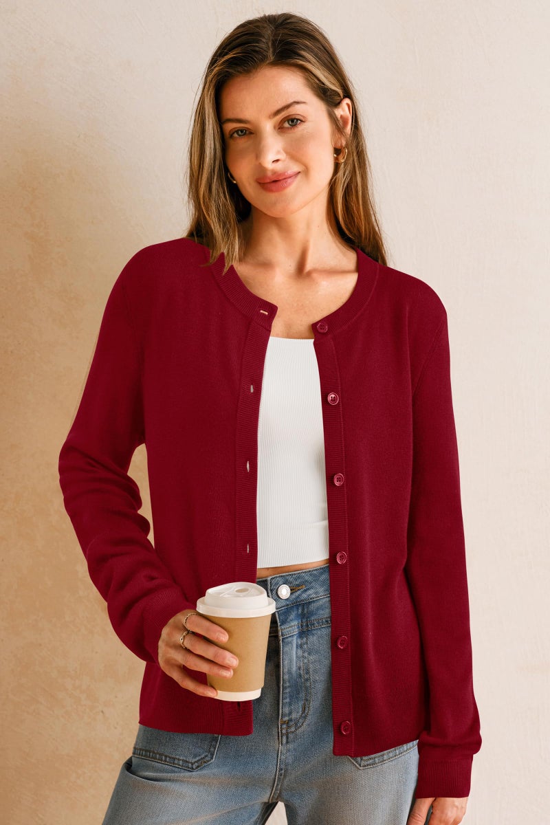 Arach&Cloz Womens Cardigan Sweaters 2026 Soft Layering Essential Wool Long Sleeve Crew Neck Button Down Lightweight Top Fashion Outfits Summer Spring Business Casual Work Red M - Image 2