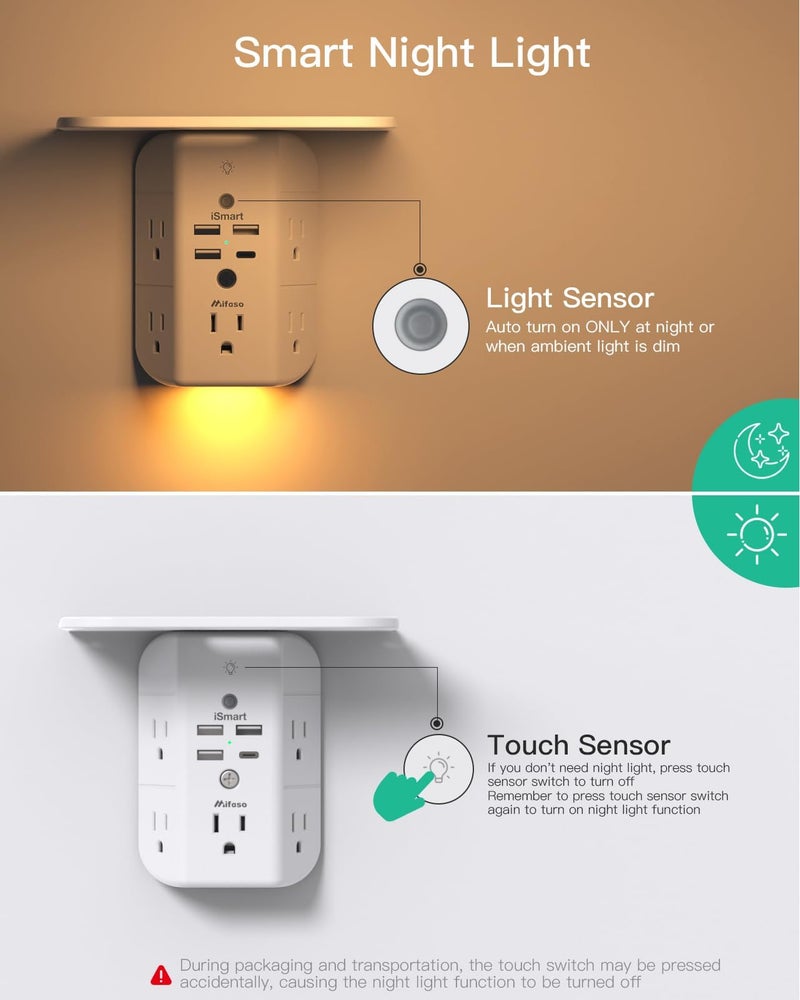 mifaso Wall Outlet Extender with Shelf and Night Light, Surge Protector, Wall Mount Charger Multi Plug Expander with 5 AC Outlets and 3 USB A Ports 1 USB C, Wide Space 3-Sided Power Strip Multi Plug Outlets - Image 3