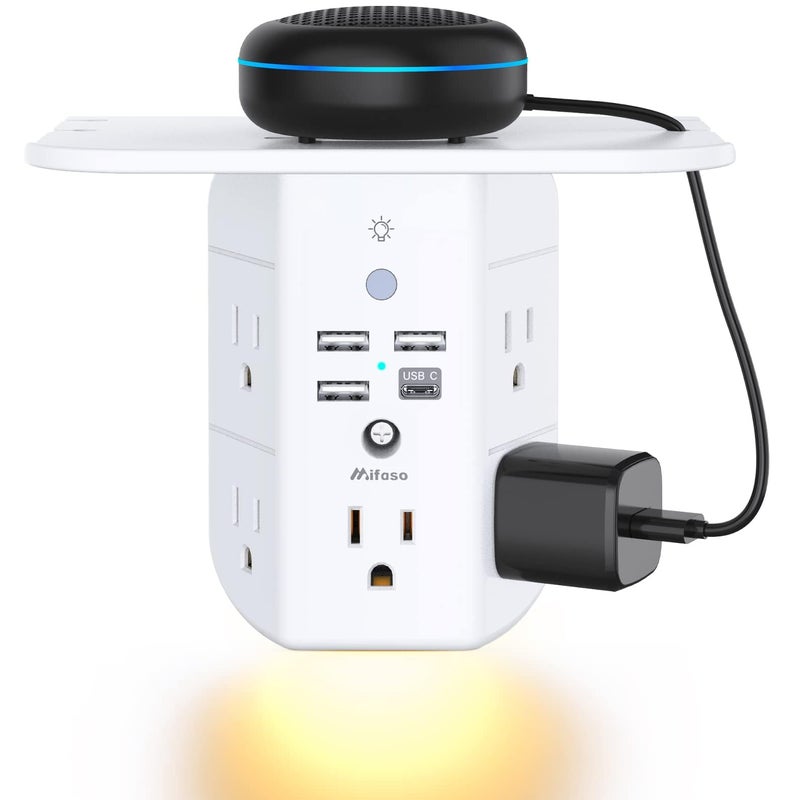 mifaso Wall Outlet Extender with Shelf and Night Light, Surge Protector, Wall Mount Charger Multi Plug Expander with 5 AC Outlets and 3 USB A Ports 1 USB C, Wide Space 3-Sided Power Strip Multi Plug Outlets - Image 1