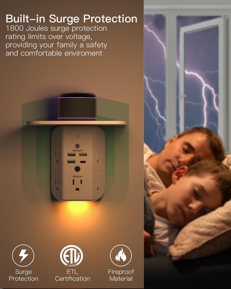 mifaso Wall Outlet Extender with Shelf and Night Light, Surge Protector, Wall Mount Charger Multi Plug Expander with 5 AC Outlets and 3 USB A Ports 1 USB C, Wide Space 3-Sided Power Strip Multi Plug Outlets - Image 4