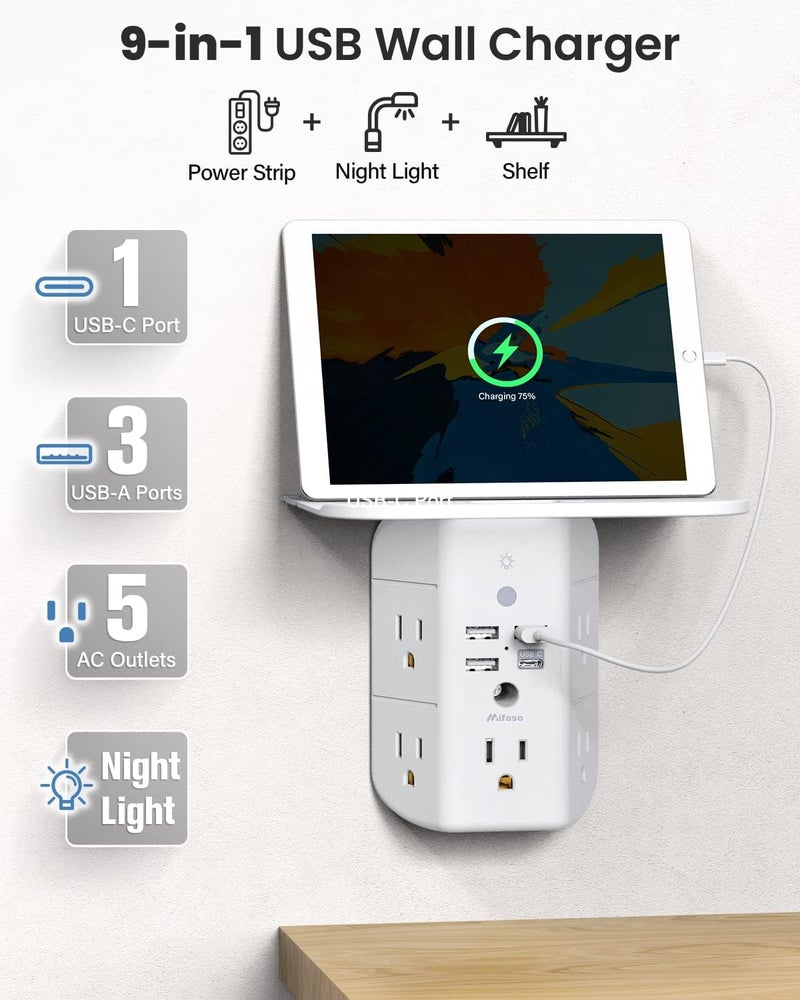 mifaso Wall Outlet Extender with Shelf and Night Light, Surge Protector, Wall Mount Charger Multi Plug Expander with 5 AC Outlets and 3 USB A Ports 1 USB C, Wide Space 3-Sided Power Strip Multi Plug Outlets - Image 2