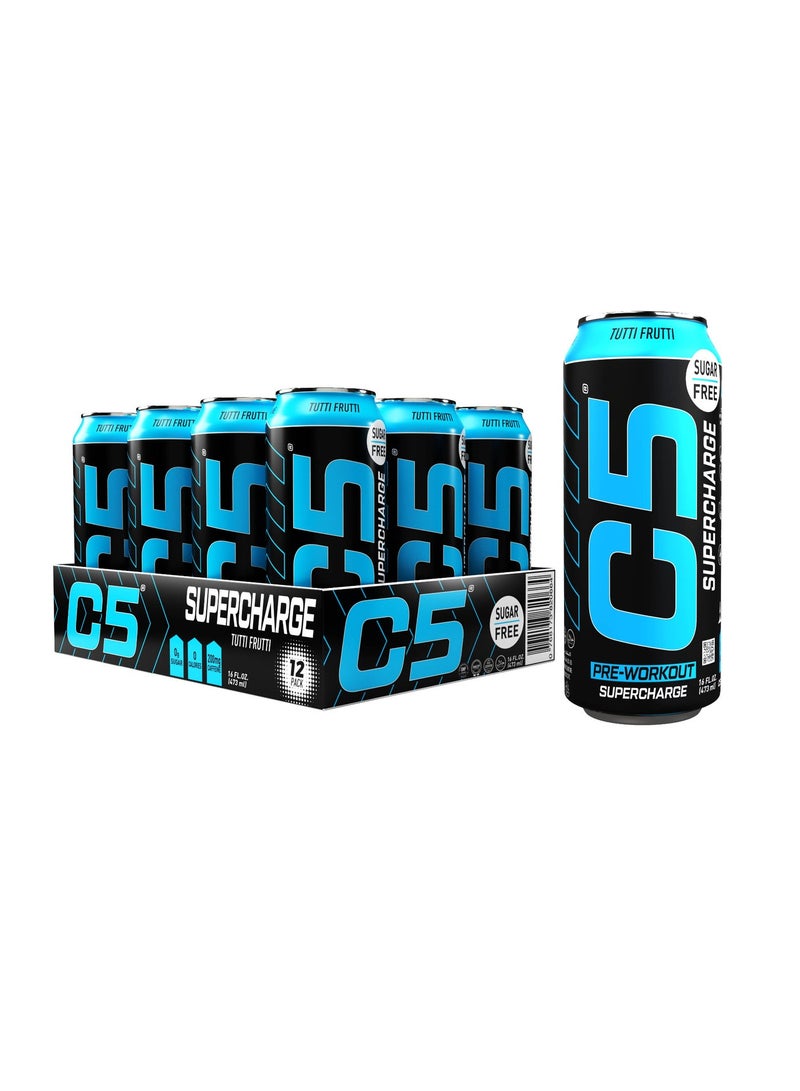 C5 Drink Supercharge Tutti Frutti Pre Workout - Sugar Free, Zero Calories, 200mg High Caffeine , Creatine - Beta Alanine - Citrulline Malate - High-Performance Pre-Workout Booster Supplement Pack of 12 - Image 1