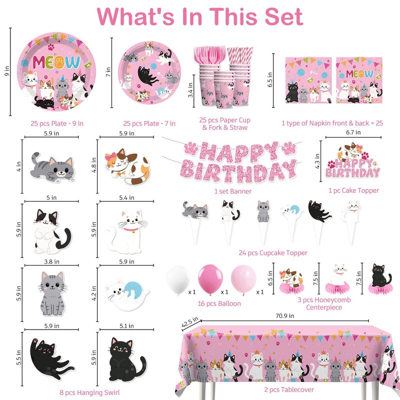 Yingoto 213pcs Cat Birthday Decorations, Complete Paper Tableware Set Includes 350gsm Plates 24 Cupcake Toppers and 2 Waterproof Tablecloths, Cat Themed Birthday Party Decorations for 25 People - Image 3