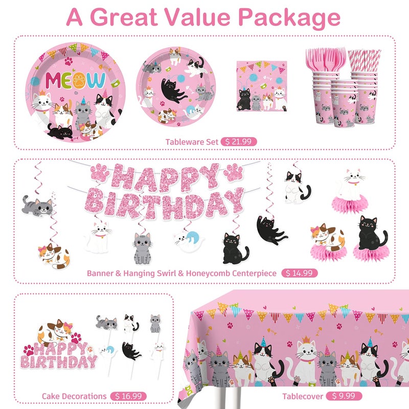 Yingoto 213pcs Cat Birthday Decorations, Complete Paper Tableware Set Includes 350gsm Plates 24 Cupcake Toppers and 2 Waterproof Tablecloths, Cat Themed Birthday Party Decorations for 25 People - Image 4