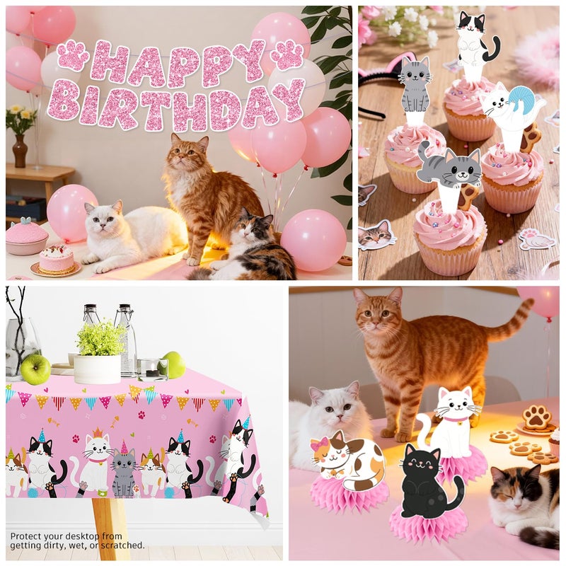 Yingoto 213pcs Cat Birthday Decorations, Complete Paper Tableware Set Includes 350gsm Plates 24 Cupcake Toppers and 2 Waterproof Tablecloths, Cat Themed Birthday Party Decorations for 25 People - Image 2