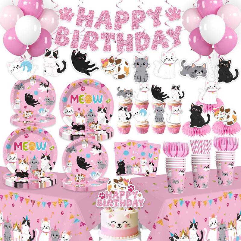 Yingoto 213pcs Cat Birthday Decorations, Complete Paper Tableware Set Includes 350gsm Plates 24 Cupcake Toppers and 2 Waterproof Tablecloths, Cat Themed Birthday Party Decorations for 25 People - Image 1