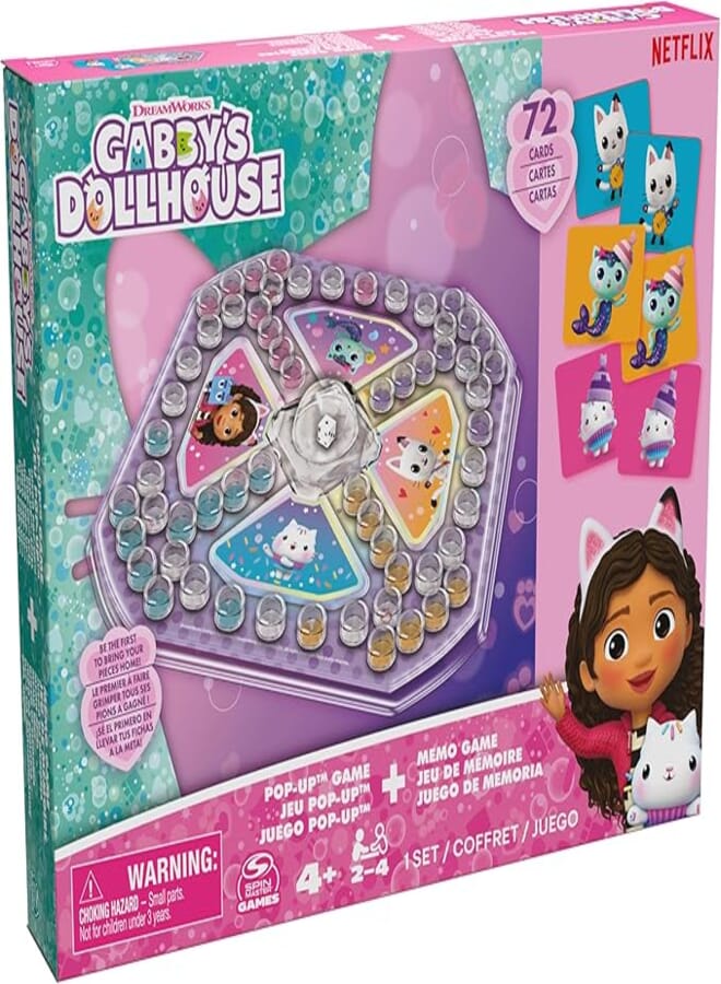 Spin Master Games Gabby's Dollhouse Sorry Pop Up and Memo - Two Classic in One Set, Sorry (Pachisi) with Pop Up Dice and 72 Memo Cards with the Popular Gabby Characters, from 4 Years, 2-4 Players