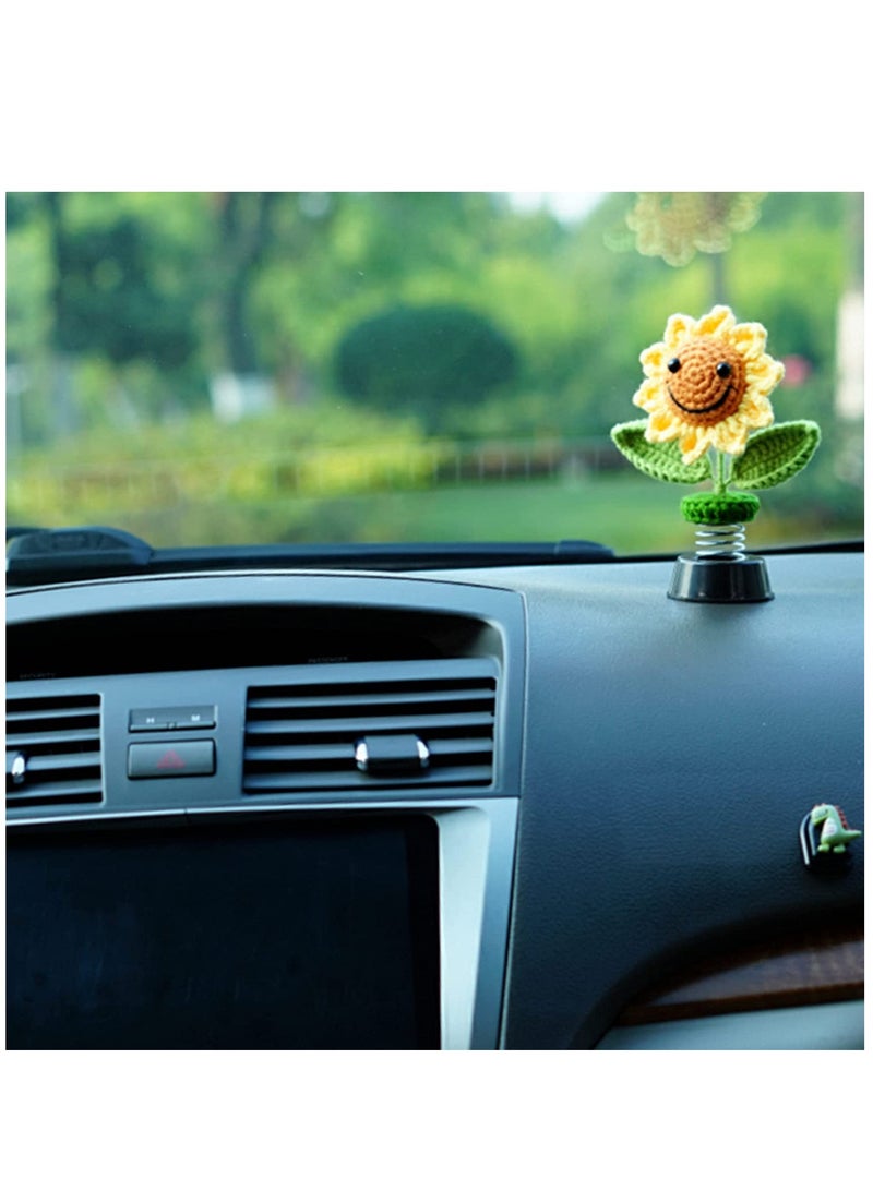 SYOSI Creative Car Ornaments SYOSI Sun Flowers Bobblehead Dashboard Car Decor Crochet Smiley Shaking for Women for Cute Girl Car Interior Desk Ornaments Gifts (Handmade Knitted) - Image 1