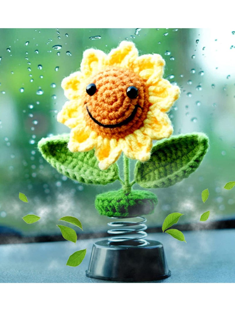 SYOSI Creative Car Ornaments SYOSI Sun Flowers Bobblehead Dashboard Car Decor Crochet Smiley Shaking for Women for Cute Girl Car Interior Desk Ornaments Gifts (Handmade Knitted) - Image 2