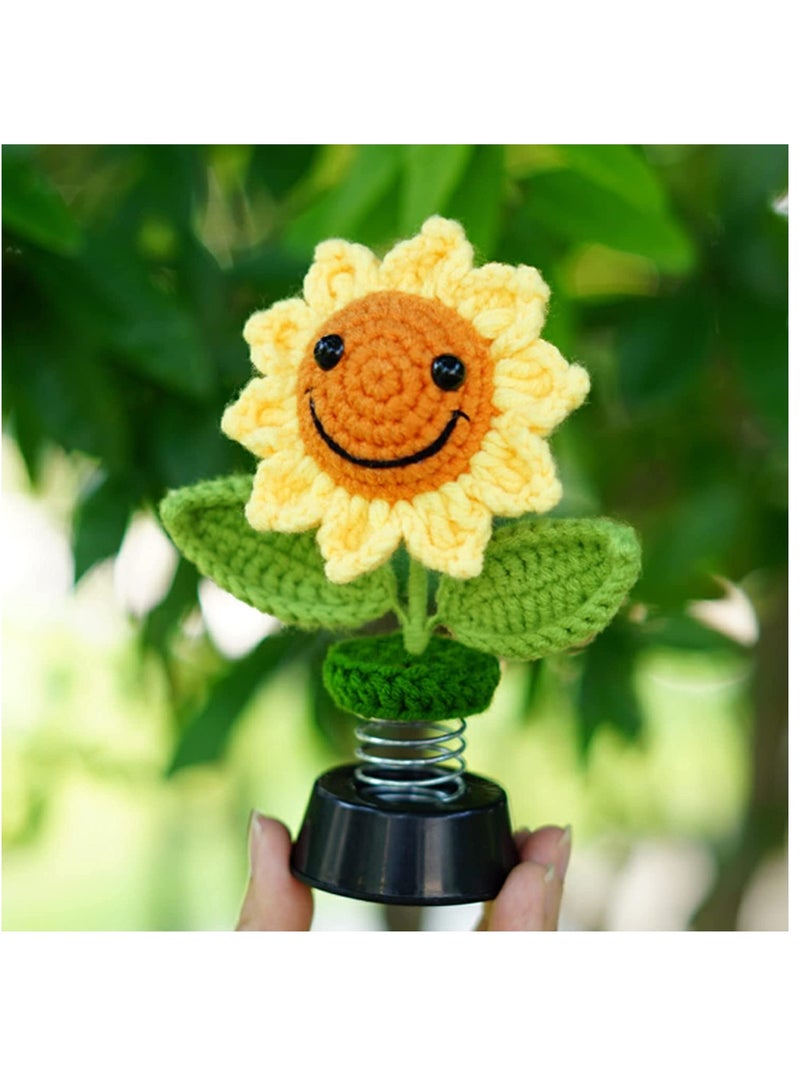 SYOSI Creative Car Ornaments SYOSI Sun Flowers Bobblehead Dashboard Car Decor Crochet Smiley Shaking for Women for Cute Girl Car Interior Desk Ornaments Gifts (Handmade Knitted) - Image 4