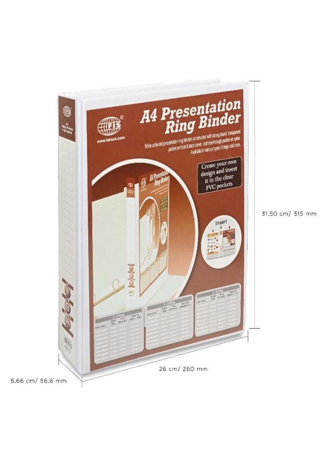 FIS Presentation Binder, A4 Size(210x297mm), 4[D]Ring Type, 35mm Ring Size, 1.75" Inches Spine with Clear PVC Pocket For Easy Insert Your Label Design, Packet of 2 Pieces, White Color-FSBD435DPB/2  - Image 5