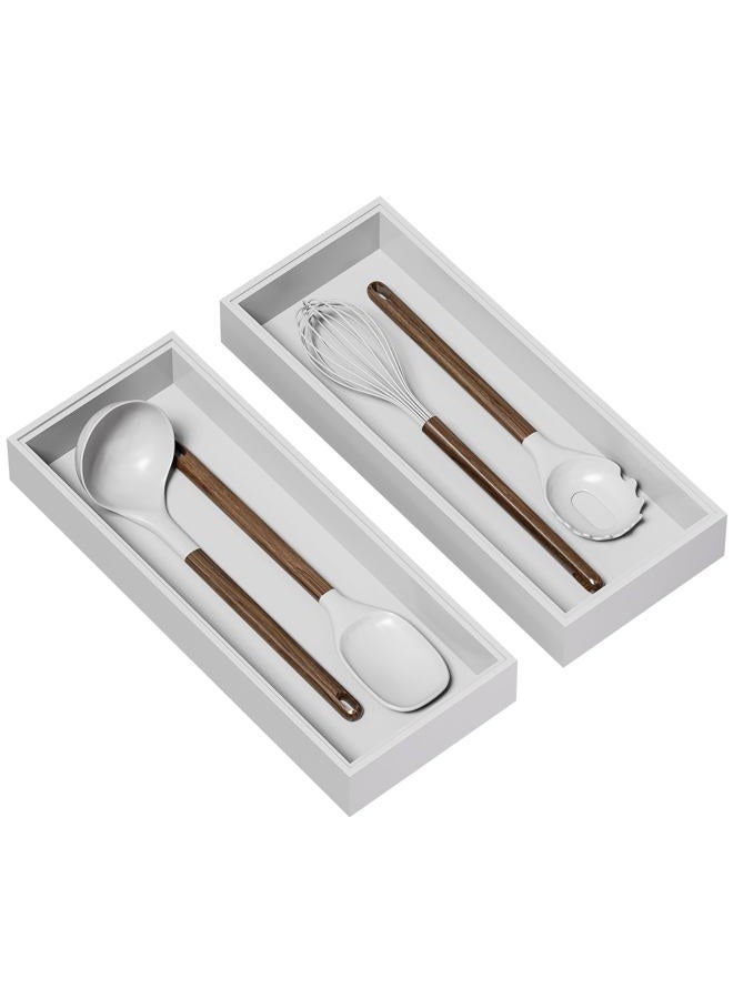 Lixple Utensil Organizer Kitchen Drawer Organizer - Bamboo Stackable Silverware Tray for Large Utensils Set of 2 Wood Storage Box for Flatware, Makeup, Bathroom, Office Desk (White) - Image 1