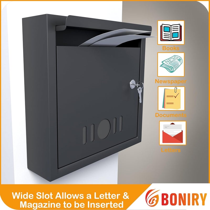 Boniry صندوق متعدد الاستخدامات بحجم A4 صندوق بريد معدني/صندوق اقتراحات/صندوق شكاوى/صندوق تبرعات للمنزل والمكتب مع قفل، يمكن وضعه على الطاولة أو تثبيته على الحائط (أسود) - Image 5