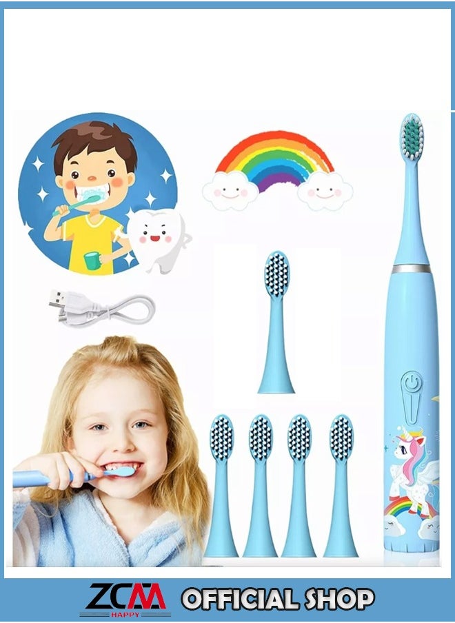 ZCM-HAPPY Ultrasonic Electric Children's Toothbrush Super Soft Waterproof Teeth Cleaning Artifact USB Charging (6 Heads)  - Image 1