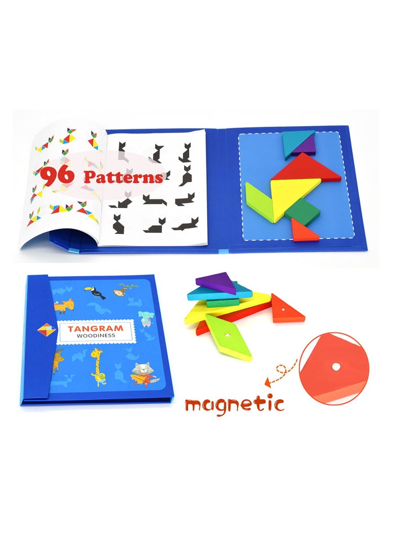 Excefore Wooden Pattern Tangram Magnetic Puzzle, Magnetic Pattern Block Book, IQ Educational Toy Gift Brain Teasers for Kid Toddlers Age 3+ Years Old - Image 2
