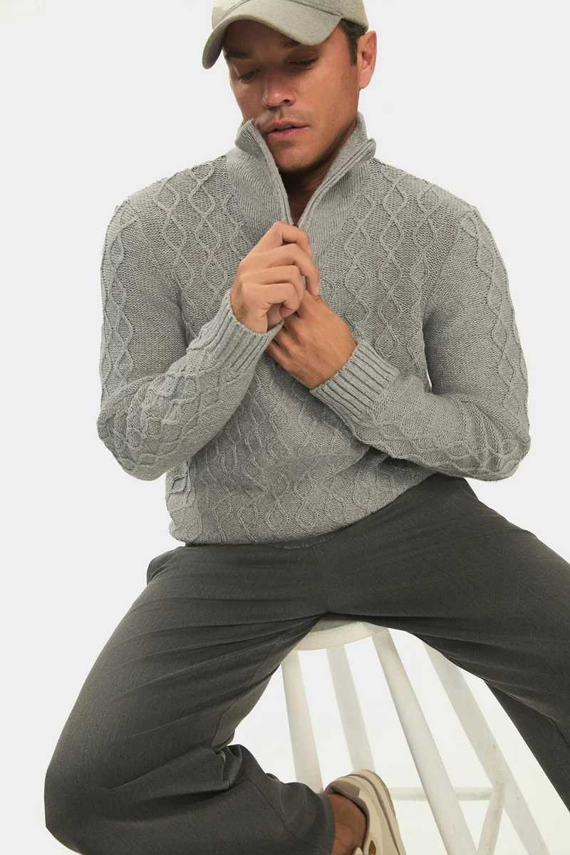 JUNE Men's Regular Fit Turtleneck Zippered Knit Detailed Knitwear Sweater