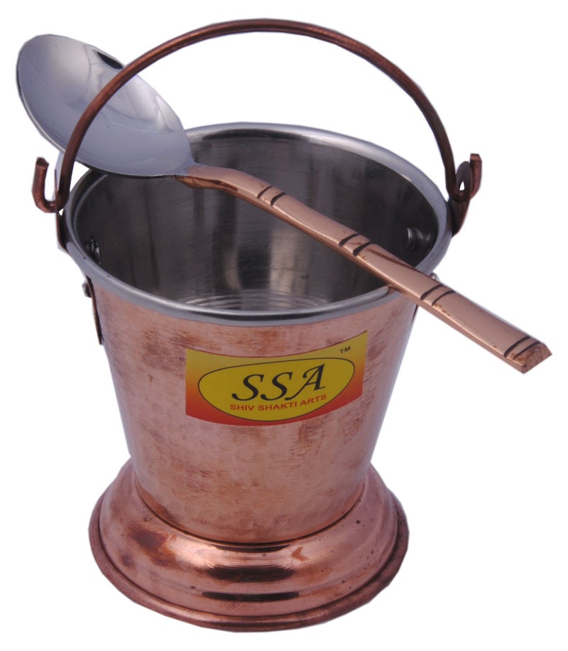 SHIV SHAKTI ARTS Handmade Set of 4 Traditional Steel Copper Bucket/Copper Balti Volume 300 ML Each with 4 Serving Spoons - Image 2