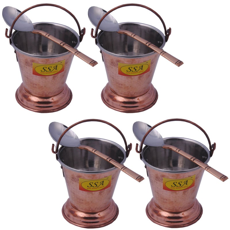 SHIV SHAKTI ARTS Handmade Set of 4 Traditional Steel Copper Bucket/Copper Balti Volume 300 ML Each with 4 Serving Spoons - Image 1