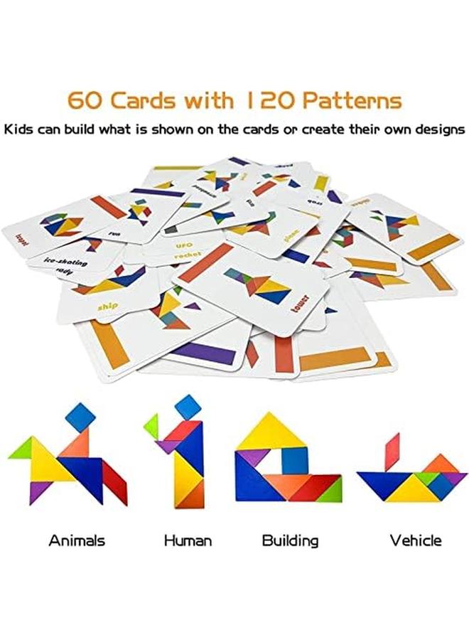 سكاي تاتش مجموعة ألغاز نمط تانجرام للتطوير المبكر، مكعبات ألغاز خشبية، فرز تانجرام ملون، ألعاب التراص ألعاب مونتيسوري التعليمية، 60 بطاقة تصميم مع 120 نمطًا من ألغاز الصور المقطوعة - Image 3