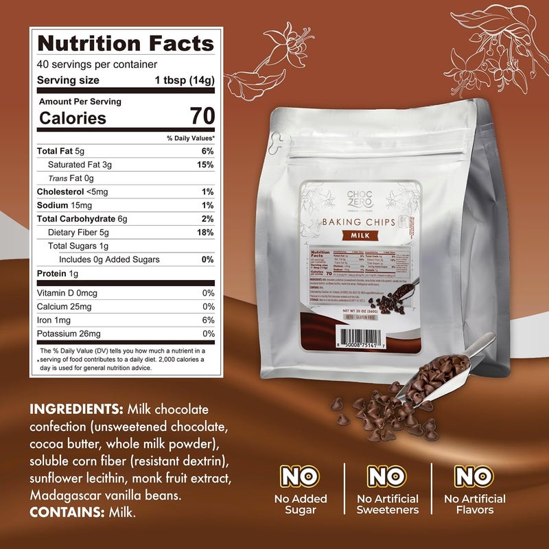 CHOCZERO شوكزيرو حبيبات الشوكولاتة بالحليب - بدون سكر مضاف، منخفض الكربوهيدرات، مناسب للكيتو، خالي من الجلوتين - كيس كبير 20 أونصة للخبز - Image 2