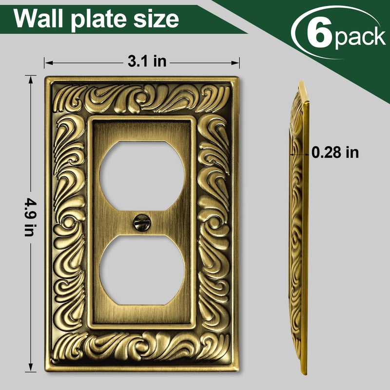 Ranweydi Antique Brass Duplex Outlet Cover Paisley Pattern Decorative Wall Plates for Electrical Outlet, Metal Switch Plates and Receptacle Cover for Kitchen Bathroom (1 Gang Duplex Outlet-6 Pack) - Image 3