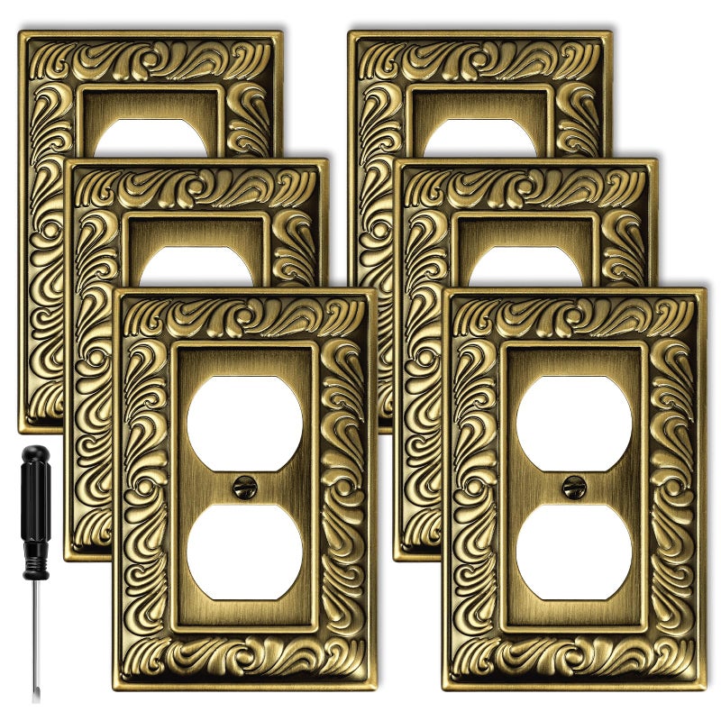 Ranweydi Antique Brass Duplex Outlet Cover Paisley Pattern Decorative Wall Plates for Electrical Outlet, Metal Switch Plates and Receptacle Cover for Kitchen Bathroom (1 Gang Duplex Outlet-6 Pack) - Image 1