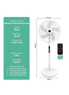 GGEROU 16 Inch Pedestal Fan with Remote Control, 5-Blade Oscillating Standing Fan Adjustable Height,Ultra Quiet, 8 Speed, 3 Winds Mode, 9 Hour Timer, LED Display, 90° Pivoting Head Air Circulator Fan (White)  - Image 2