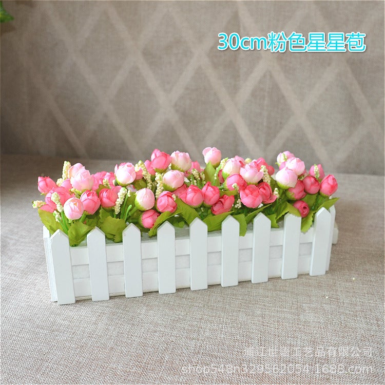 Generic Home Living Room Decoration Flower Simulation Plant Set Flower Decoration Wooden Fence Fake Flower Decoration Small Potted Plant Window 30 White + Champagne Star Bud  - Image 2