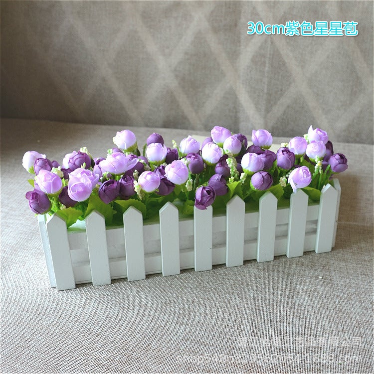 Generic Home Living Room Decoration Flower Simulation Plant Set Flower Decoration Wooden Fence Fake Flower Decoration Small Potted Plant Window 30 White + Champagne Star Bud  - Image 3