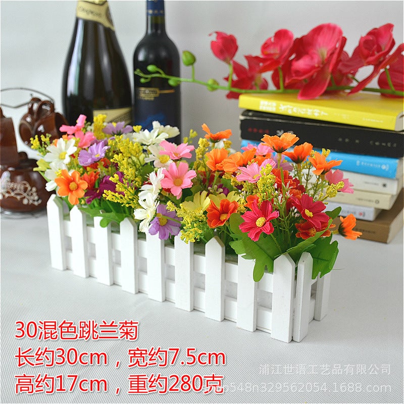 Generic Home Living Room Decoration Flower Simulation Plant Set Flower Decoration Wooden Fence Fake Flower Decoration Small Potted Plant Window 30 White + Champagne Star Bud  - Image 5