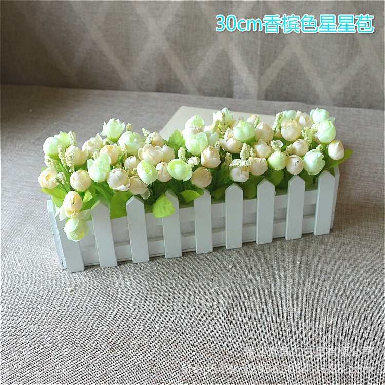 Generic Home Living Room Decoration Flower Simulation Plant Set Flower Decoration Wooden Fence Fake Flower Decoration Small Potted Plant Window 30 White + Champagne Star Bud  - Image 1